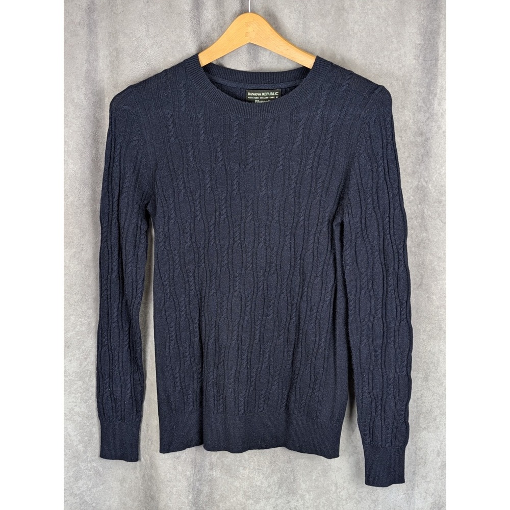 Banana Republic Navy Blue Cable Knit Italian Filpucci Yarn Crewneck Sweater S‎